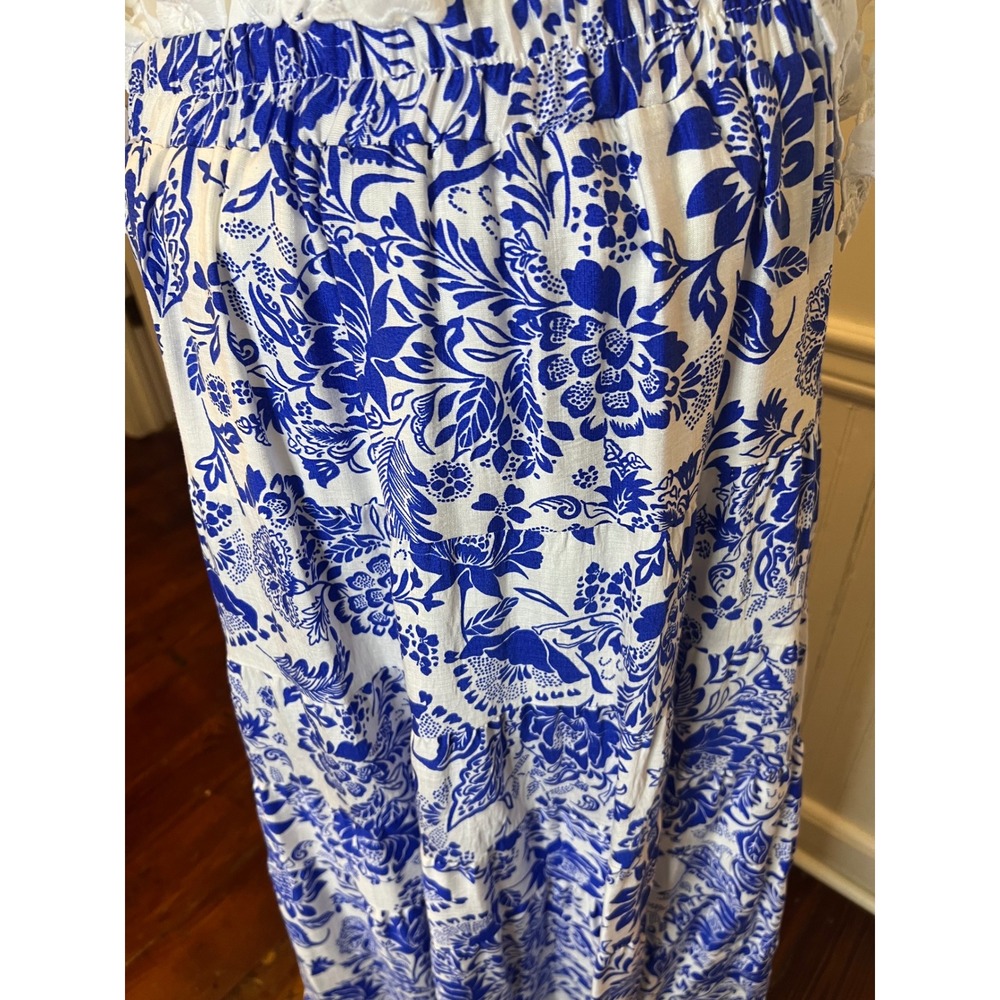 Calessa‎ Blue White Floral Toile Tiered Maxi Skirt Elastic Waist Boho NWT size S